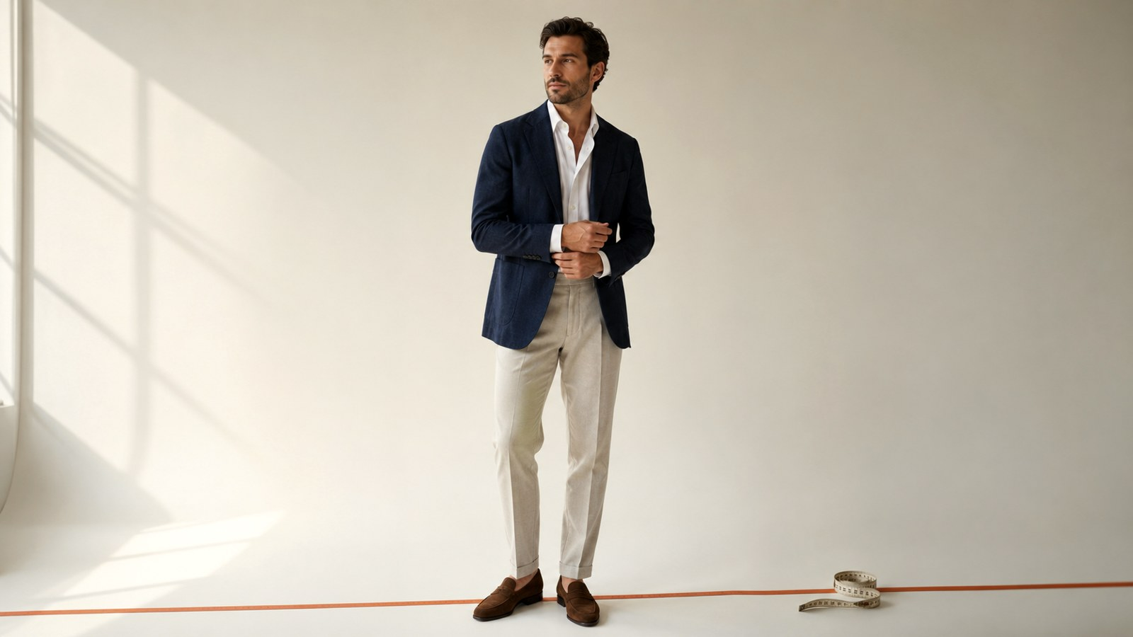 The smart-casual wedding formula: blazer, open collar shirt, tailored trouser, leather loafer — GAUGE outfit board